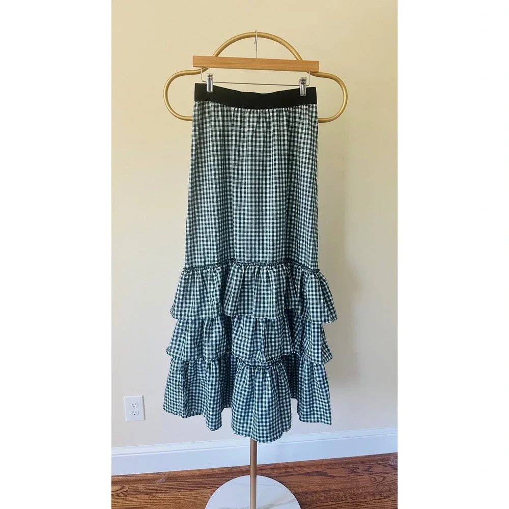 TOV Los Angeles Green Gingham Tiered Ruffle Maxi Skirt NWT Size 42 - Picture 2 of 8
